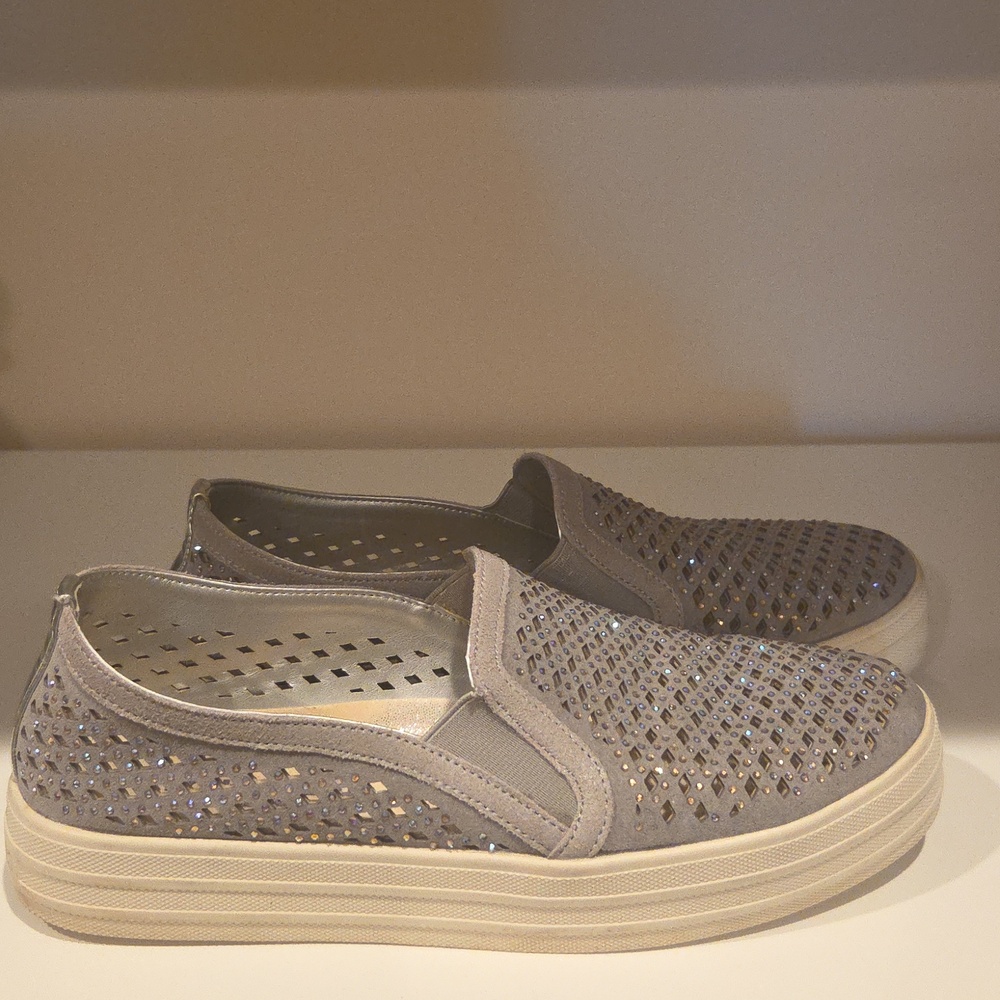 Sketchers Rhinestone Perforated Slip-On Sneakers in Light Gray